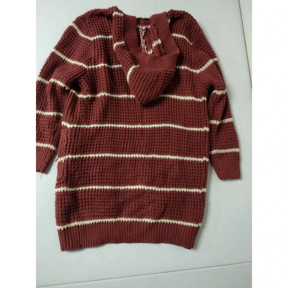 Sweet Stories Girls Rust Red Striped Waffle Knit Hooded Cardigan Sweater 10/12 M